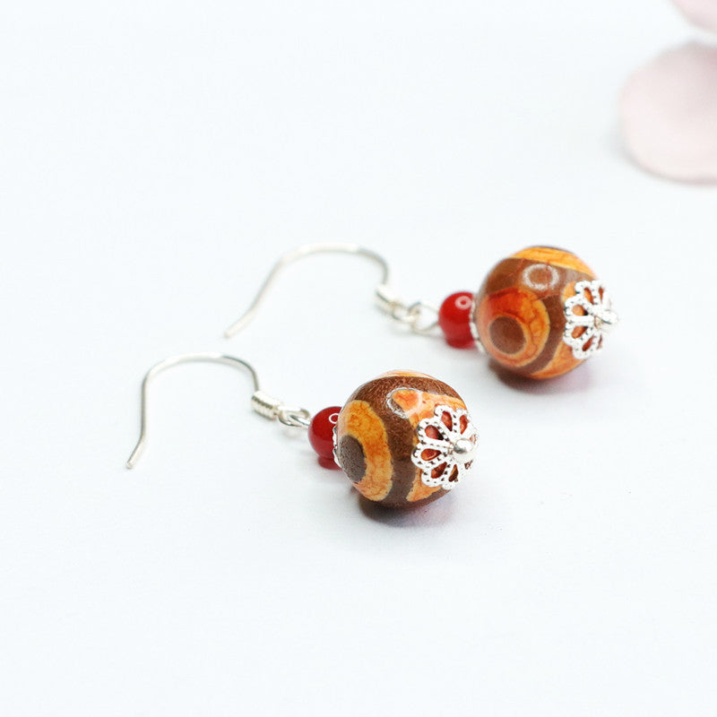 Three-Eye Dzi Bead 925 Silver Hook Earrings