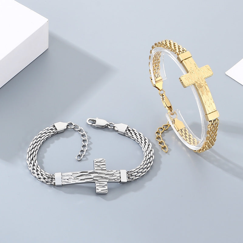 Hammer Texture Cross Stainless Steel Men's Bracelet Hand Adjustable