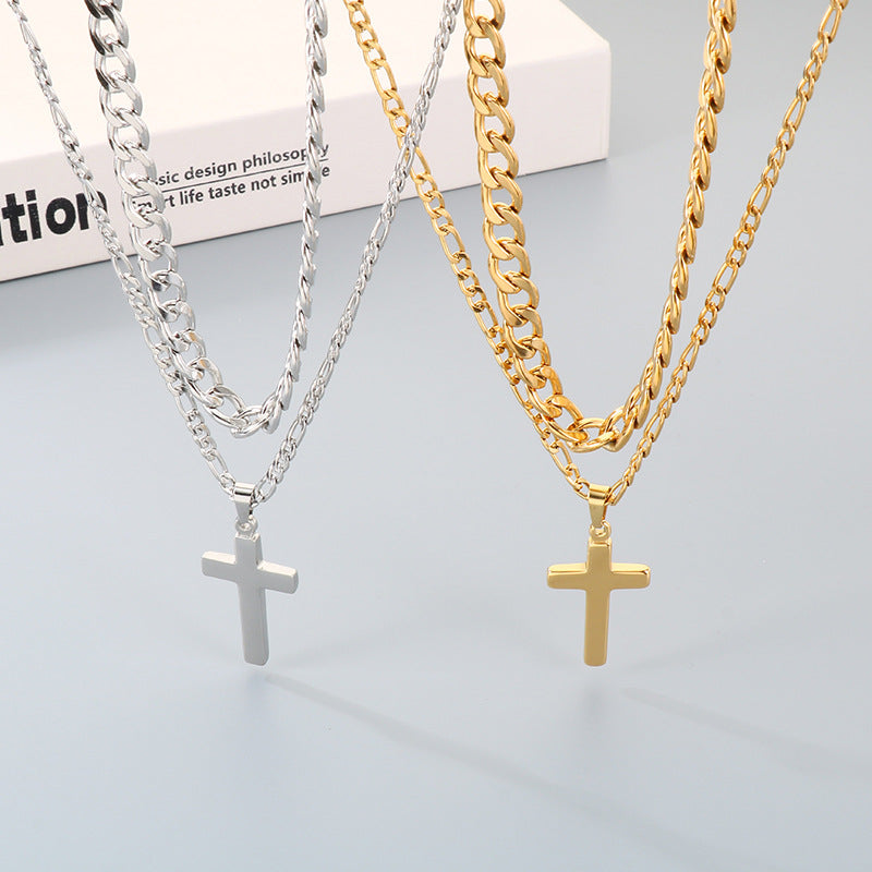 Retro Lettering Cross Necklace, And Nk Chain Double-Layer Stacked Stainless Steel Men's Necklace