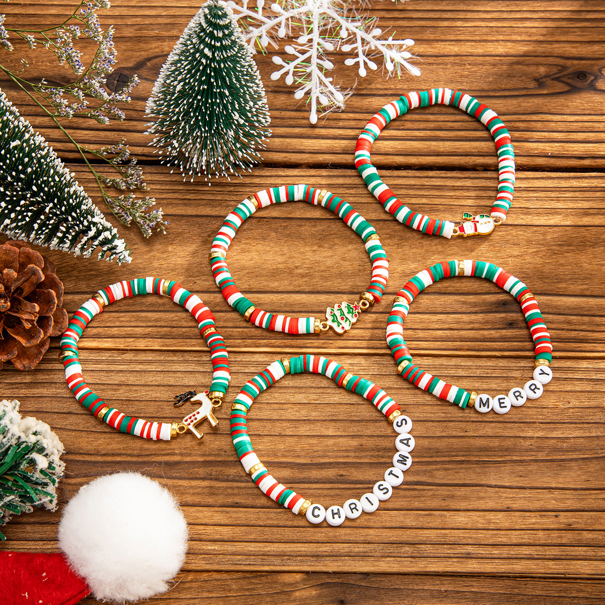 Santa Claus Beaded Bracelet Set With Stacked Letter Beads By Planderful Collection Festive Jewelry For Holiday Shoppers