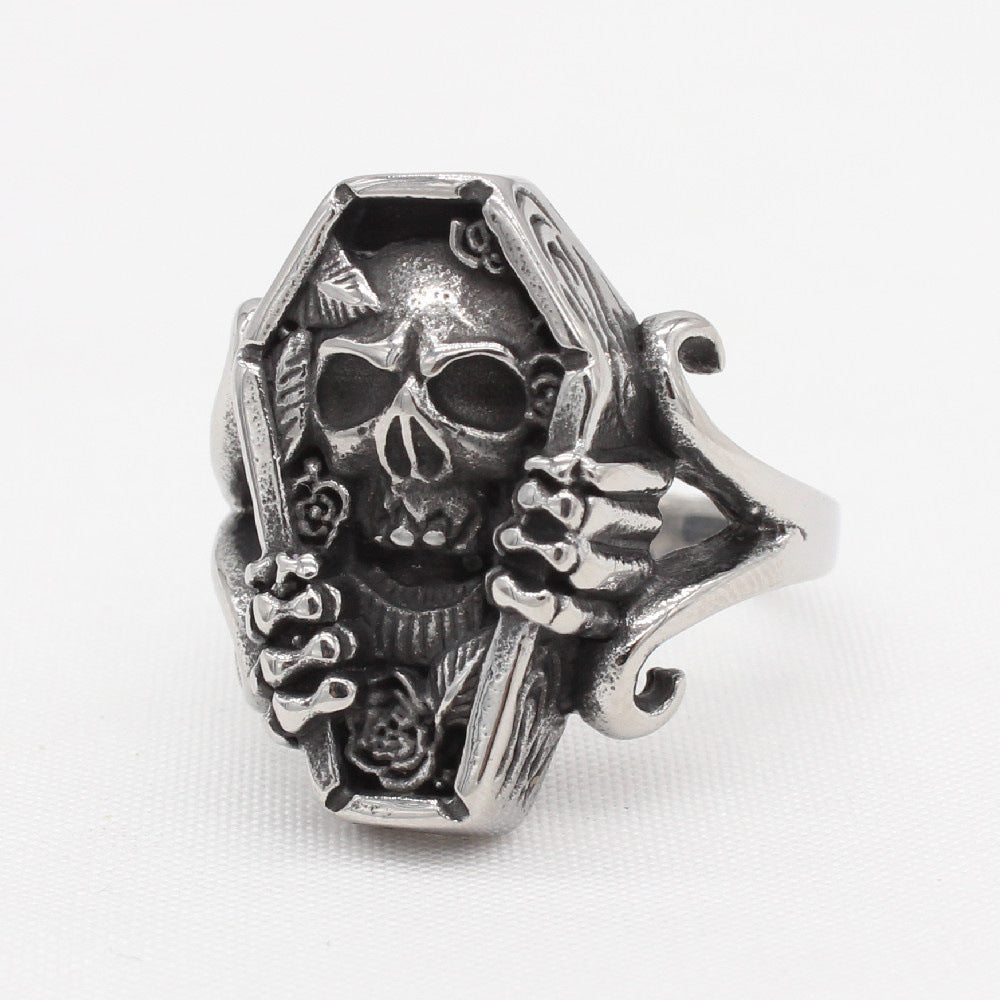 Planderful Everyday Genie Titanium Steel Ring For Men And Unisex Retro Skull Coffin Design Protection Statement