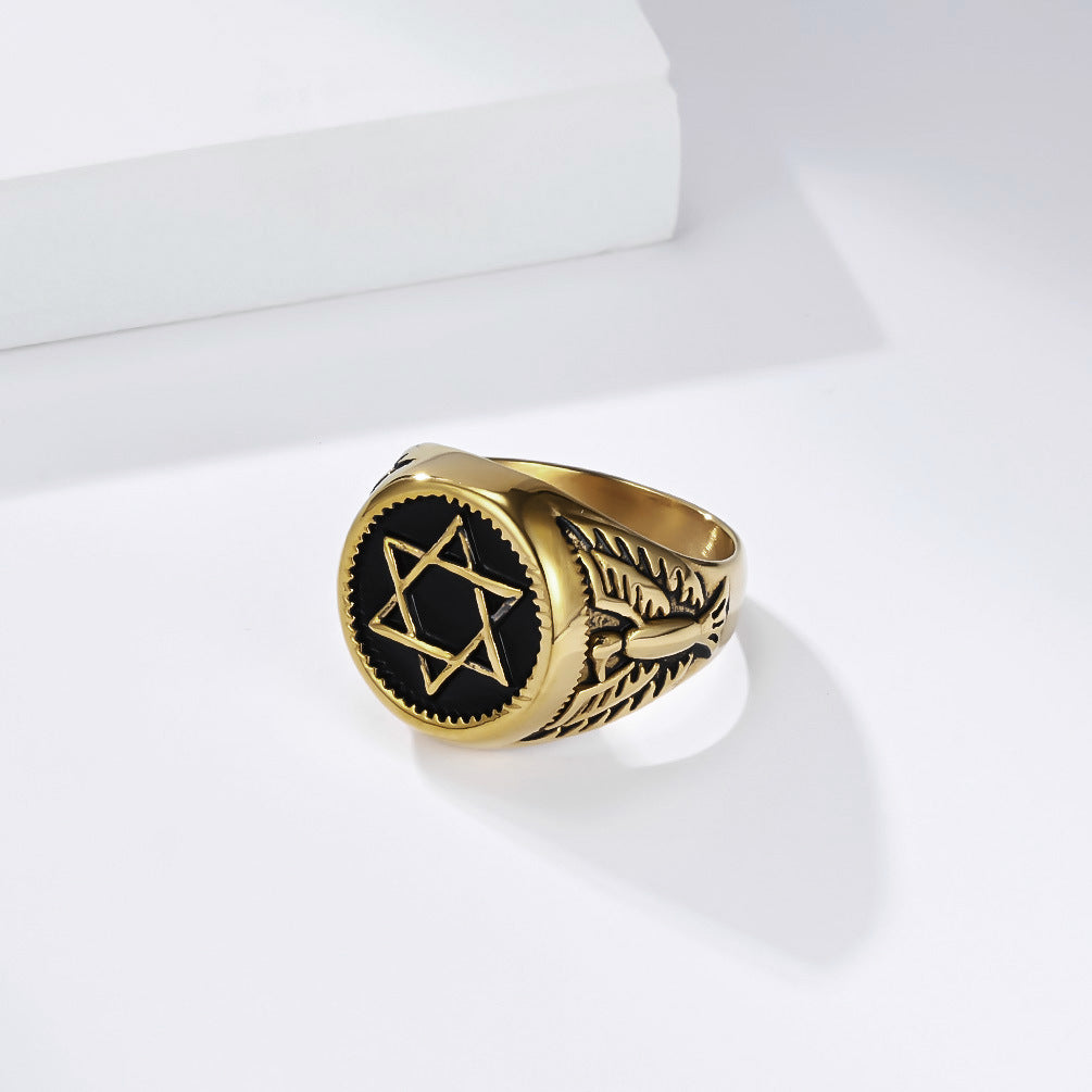 Hexagram Bald Eagle Stainless Steel Ring Men's David Star