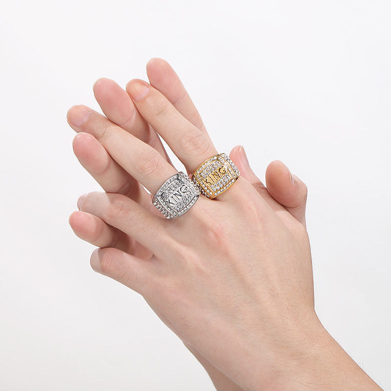 Planderful Zircon Square Ring Gold Plated Hip Hop King Men