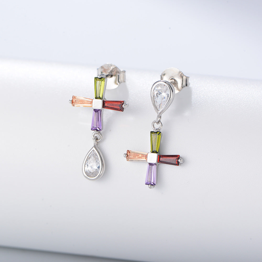 Color Zircon Asymmetric Cross Stud Earrings Sterling Silver Jewelry Earrings