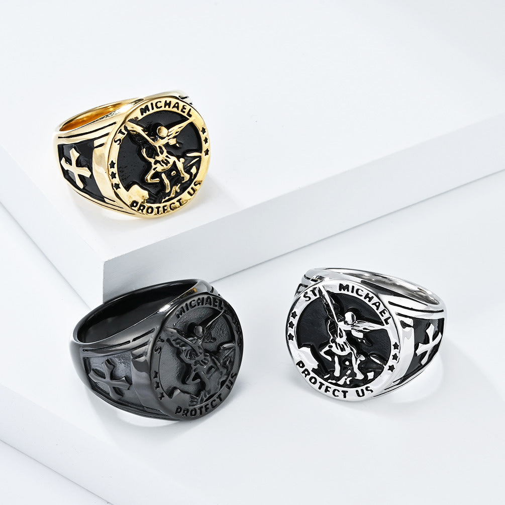 Cross-Border European And American Style Retro St. Michael's Archangel Titanium Steel Ring