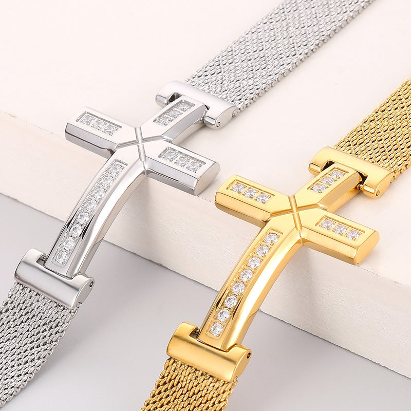 Planderful Men Titanium Steel Bracelet Zircon Cross Hip Hop
