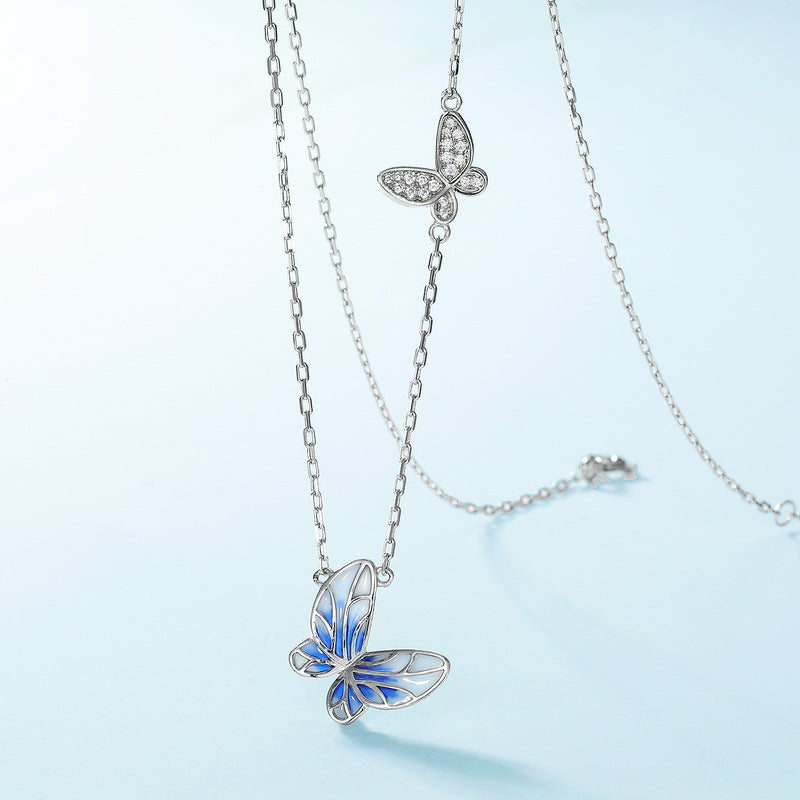 Blue Enamel Butterfly Zircon Sterling Silver Necklace