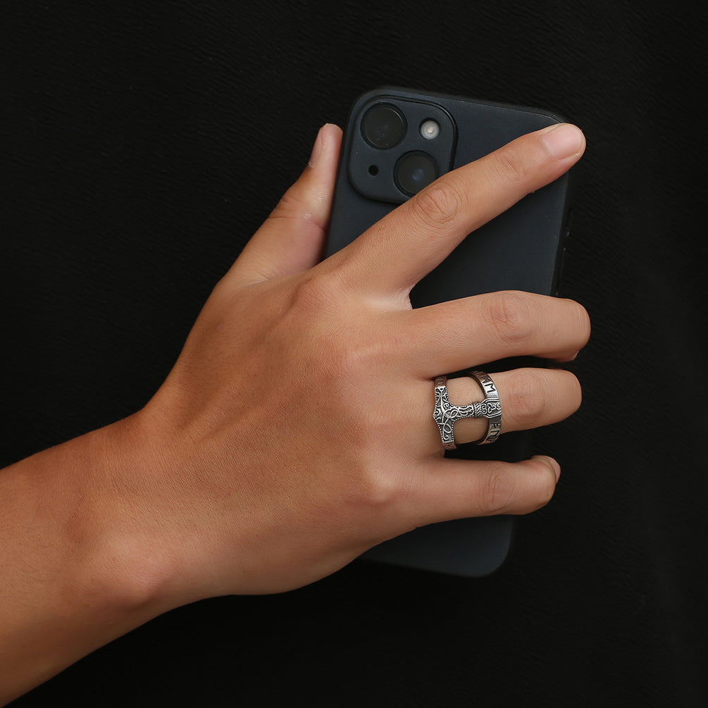 Vintage Nordic Viking Text Quake Titanium Steel Men's Ring