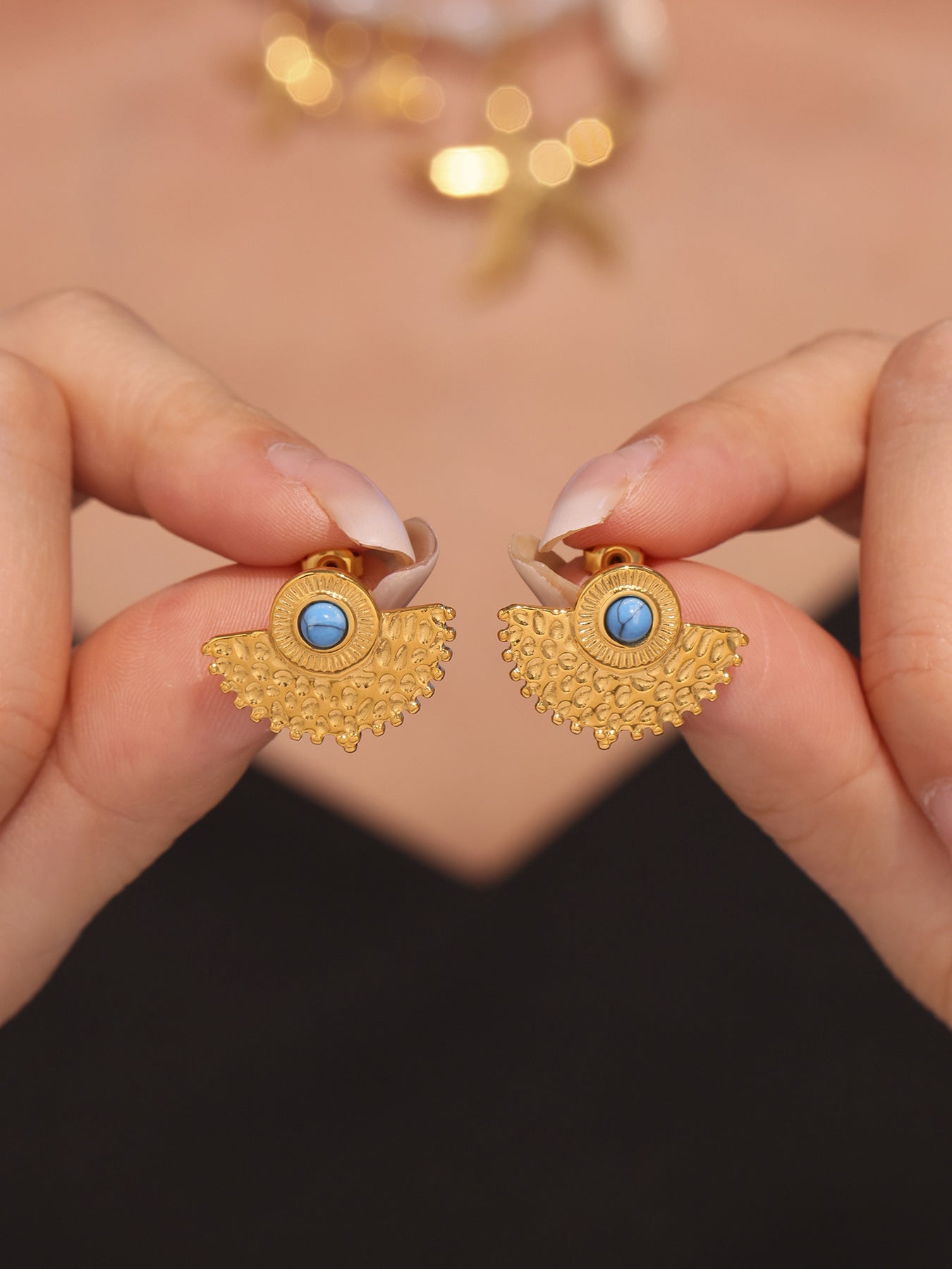 Turquoise Peacock Fan Stud Earrings 18K Gold Women