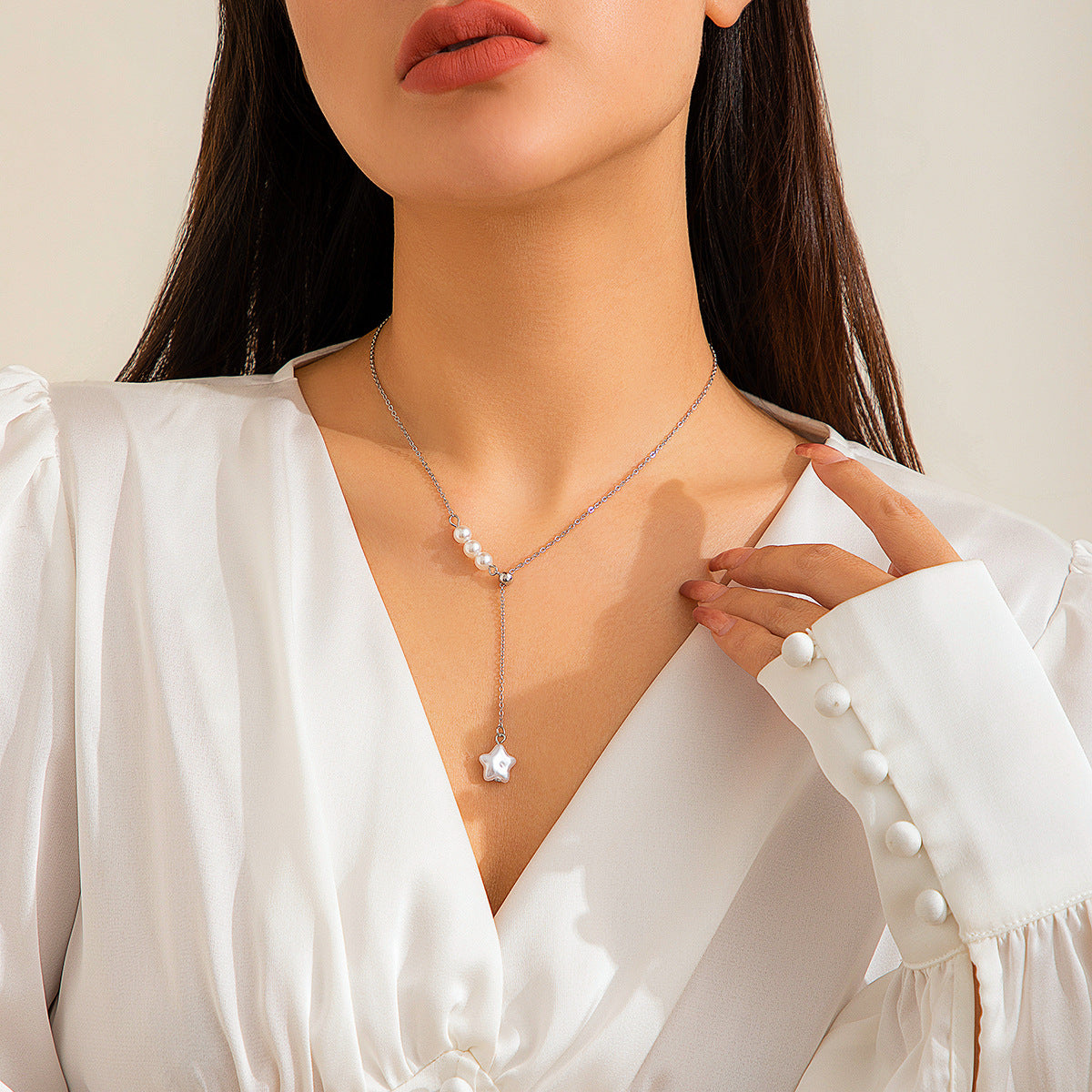 Adjustable Star & Pearl-Style Pendant Necklace