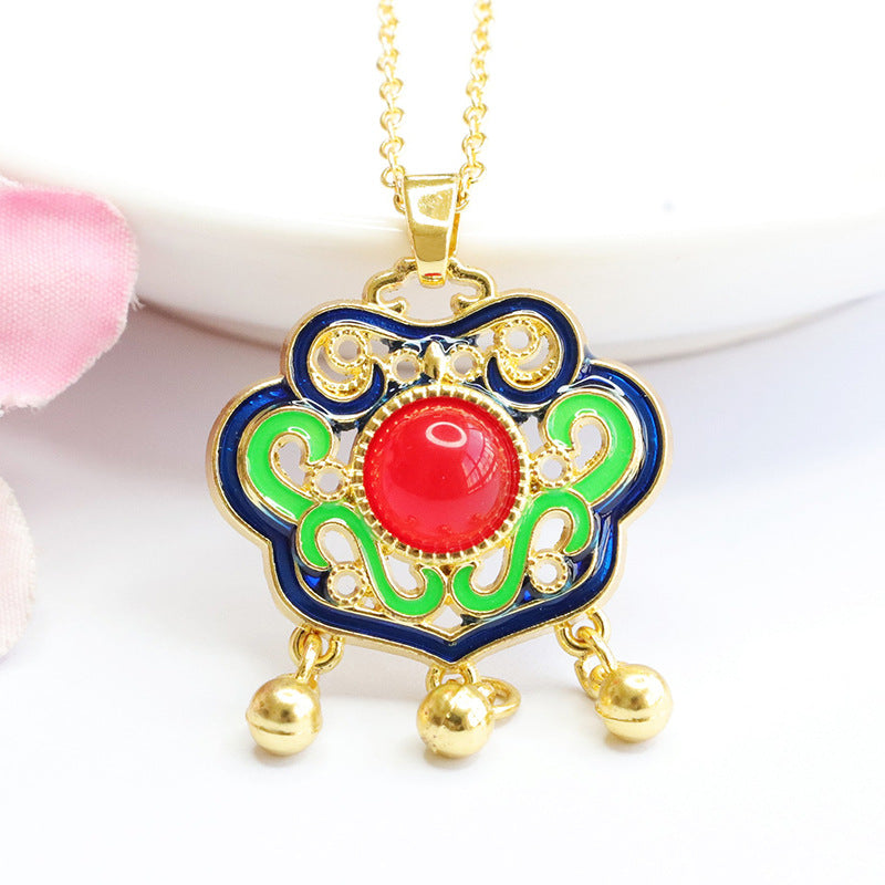 Natural Red Agate Chalcedony Enamel Colored Ruyi Lock Pendant