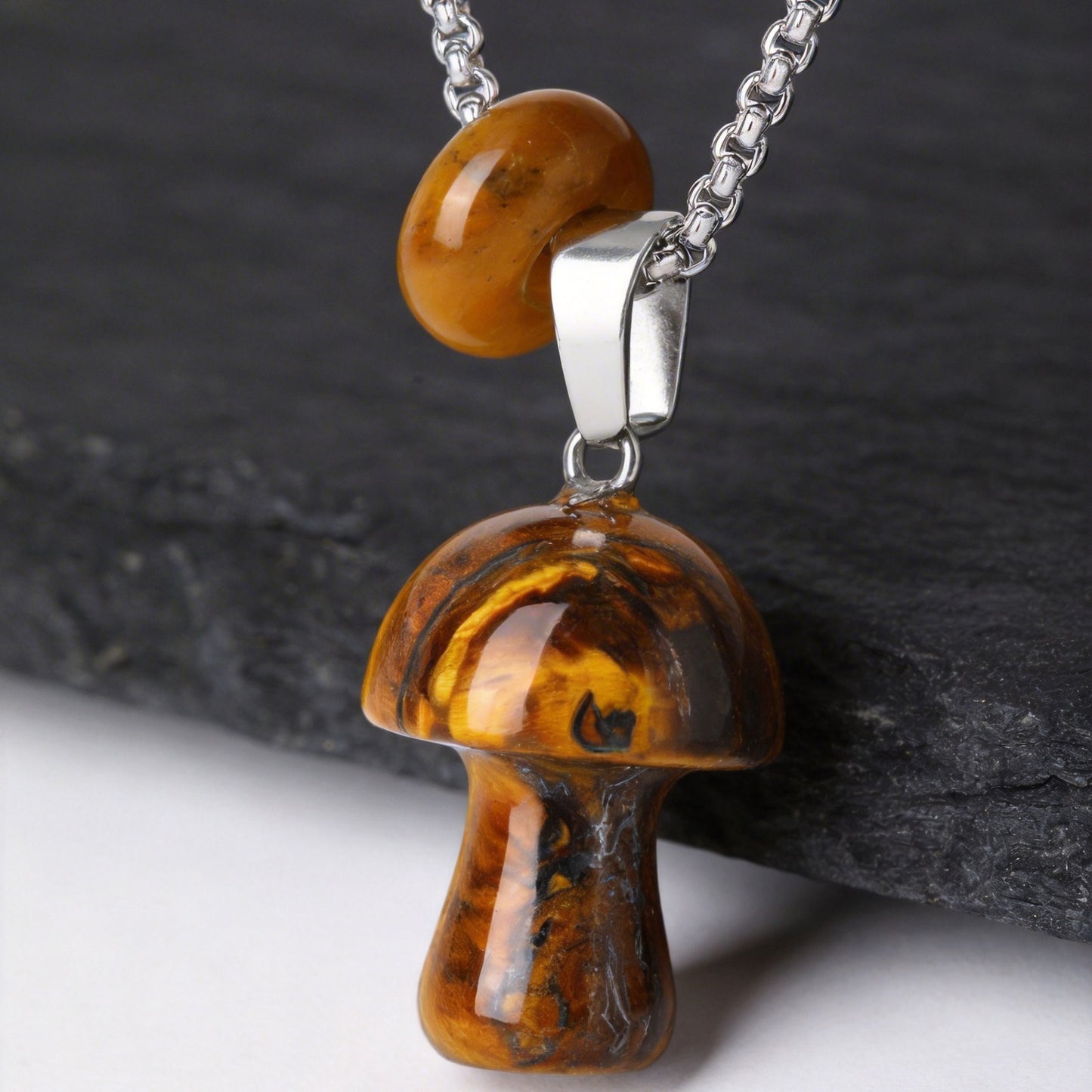Stainless Steel Natural Tiger's Eye Stone Obsidian Mushroom Necklace Daily
