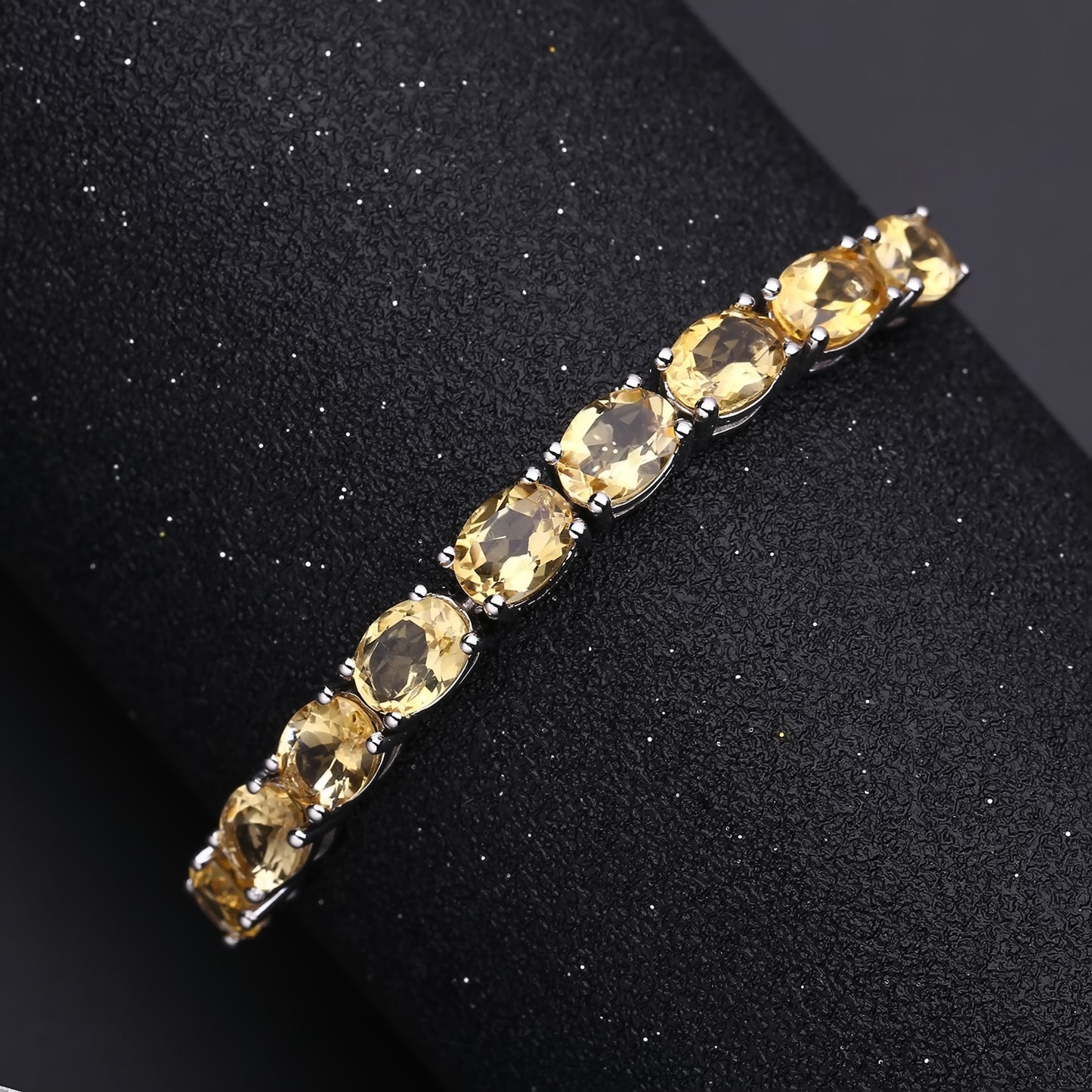 Row of Oval Natural Yellow Crystal Silver Bracelet
