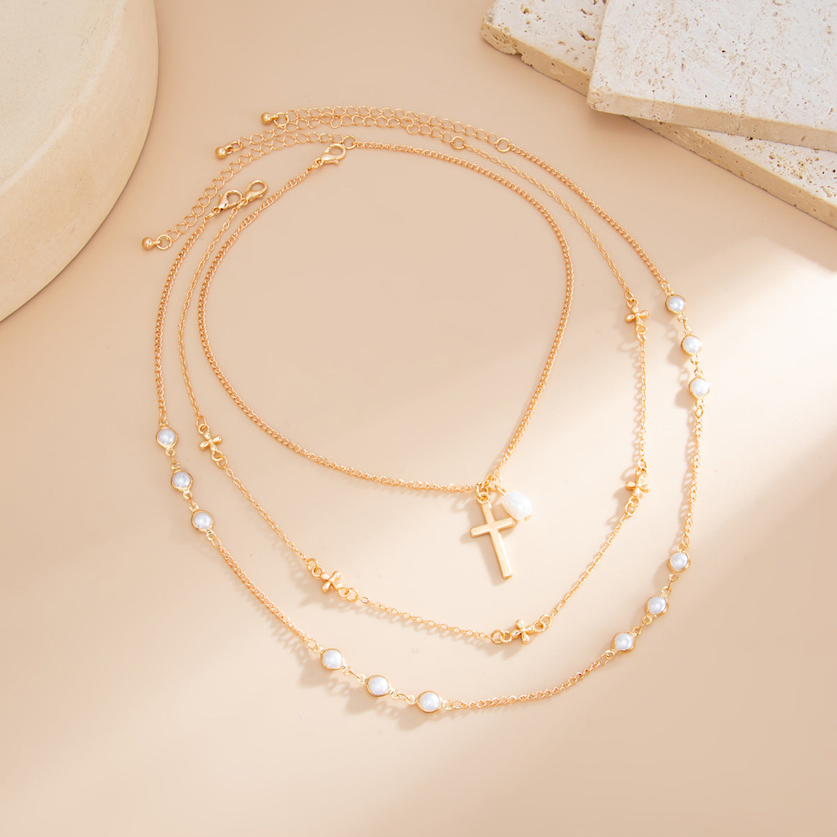 Cross, Pearl & Portrait Layered Necklace