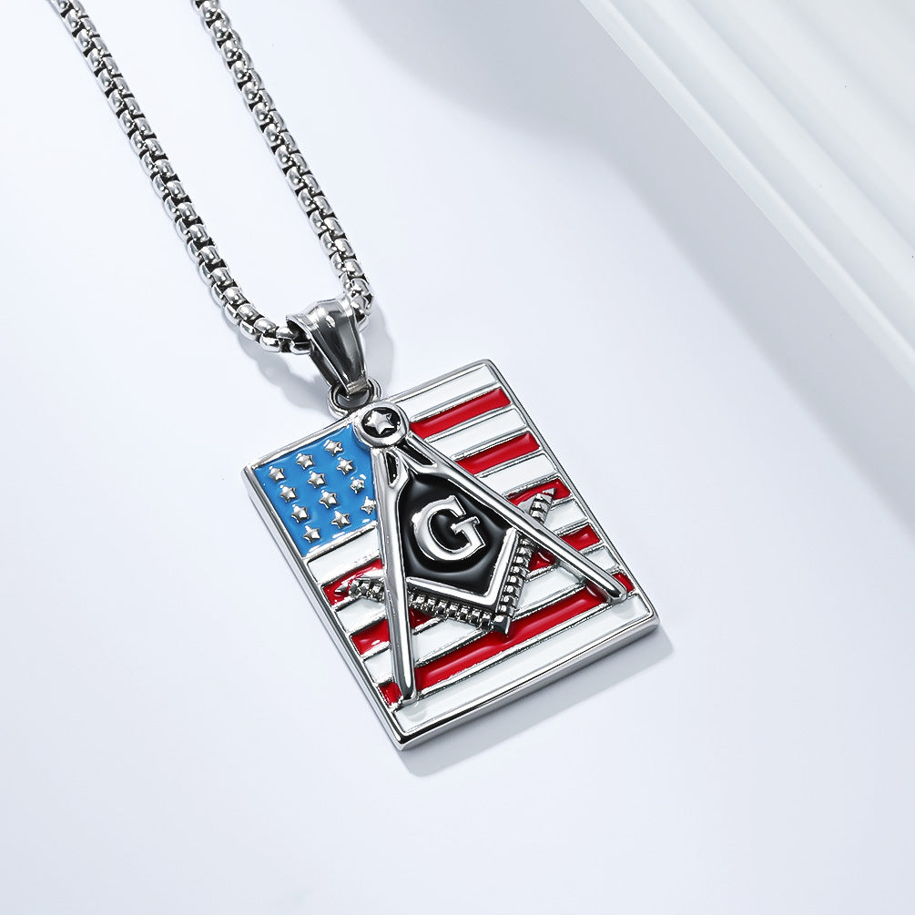 Planderful Freemason Stars And Stripes Necklace For Men Everyday Genie Stainless Steel Hip Hop Pendant