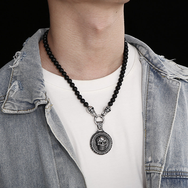 Titanium Steel Skull Necklace with Dark Zircon-Studded Ghost Head Agate Beads for Men