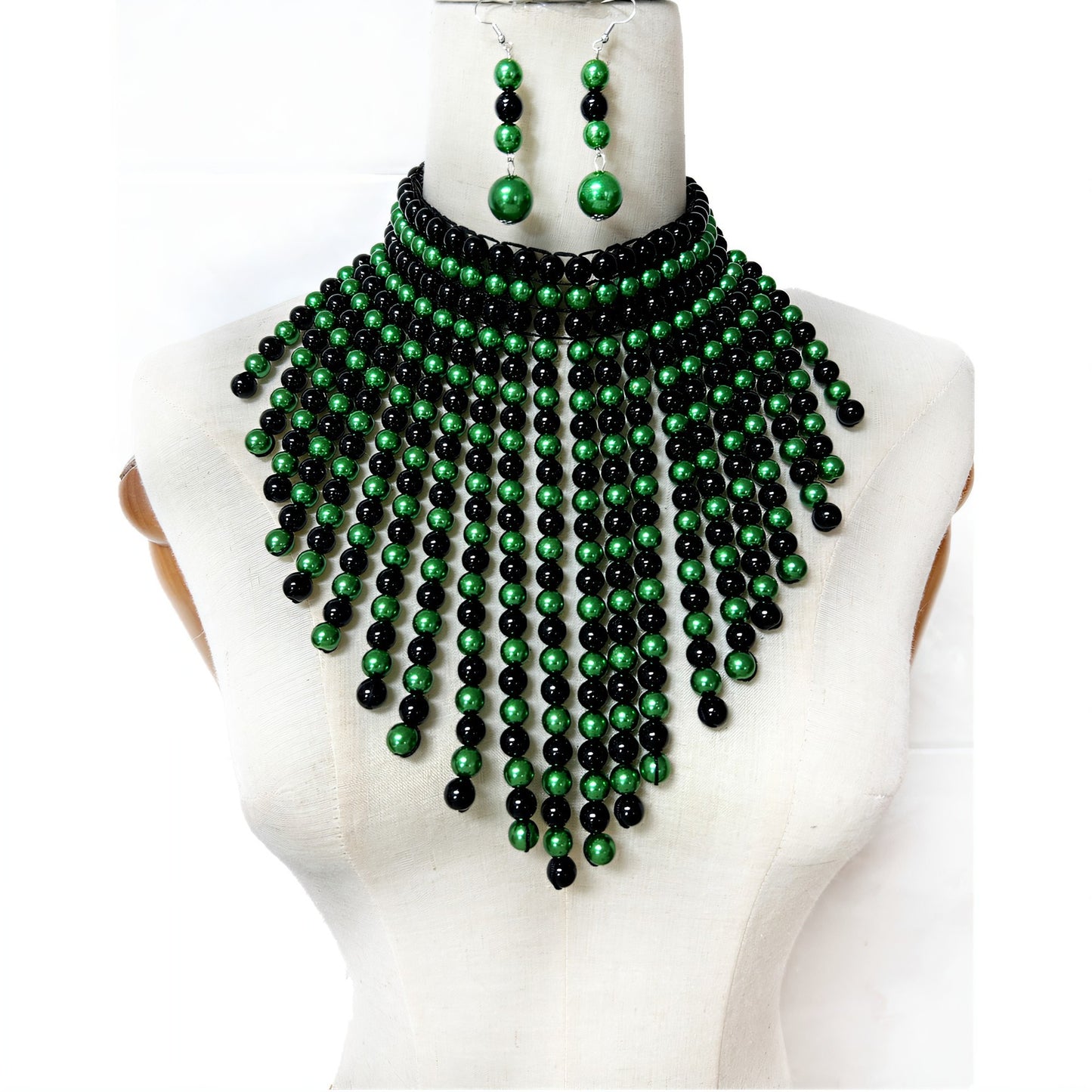 Exaggerated Triangular Scarf Necklace with Multi-layer Tassels and Imitation Pearl Accents