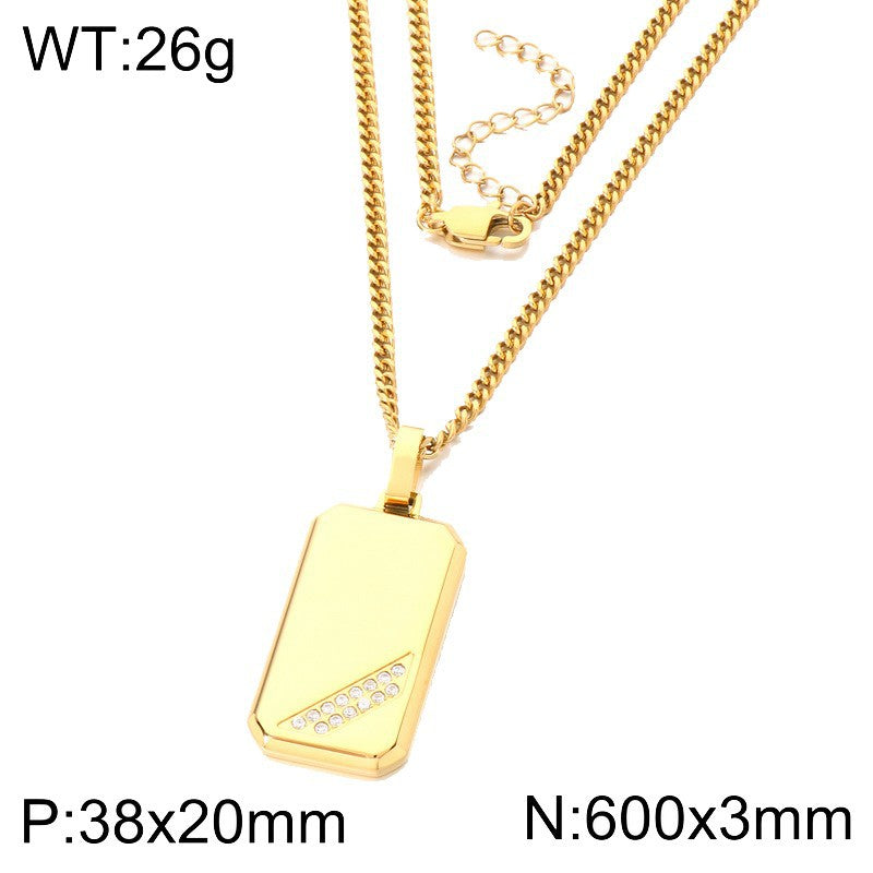Hip-Hop Style Square Inlaid Double-Row Zircon Pendant Stainless Steel Smooth Military Brand Double-Sided Necklace