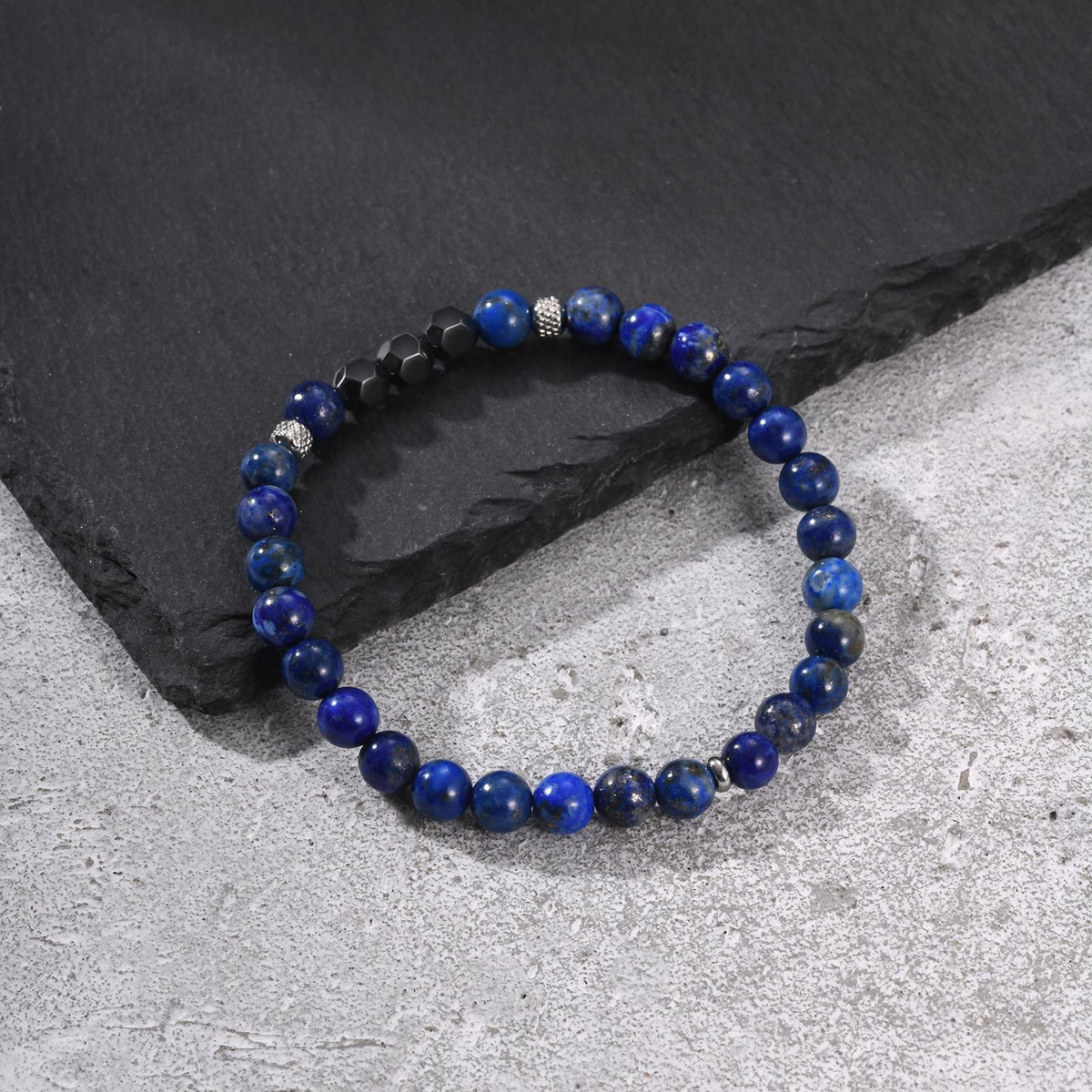 Flower Lapis Lazuli Vintage Black Stainless Steel Bracelet for Men