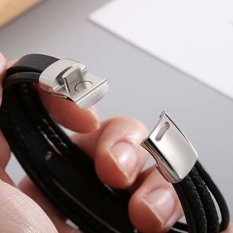 Planderful Leather Bracelet MultiLayer Mens Stainless