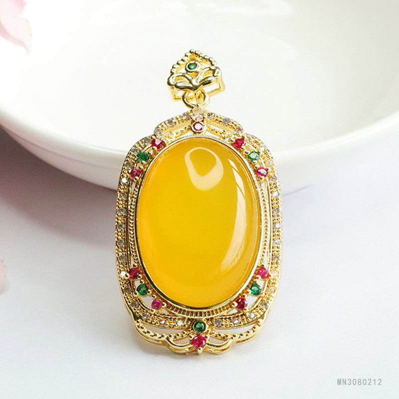 Yellow Chalcedony Vintage Oval Pendant — No Chain