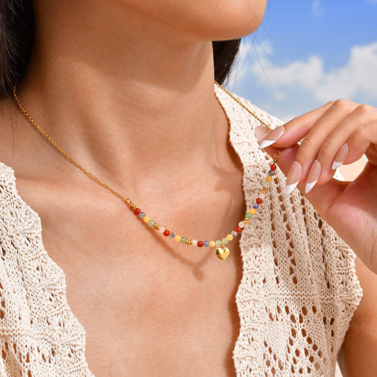 Stainless Steel Colored Natural Stone Bead Cross Cherry Teardrop Heart-Shaped Necklace