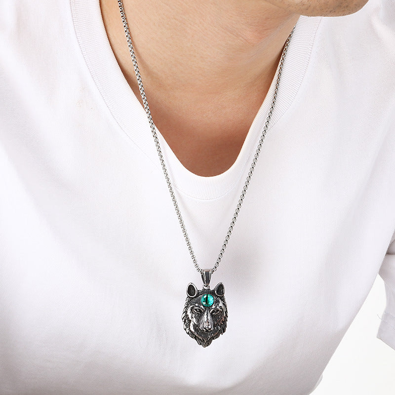 Qixiang Opal Wolf Head Pendant Direct Supply, Punk Style Old Wolf Totem Wolf Necklace