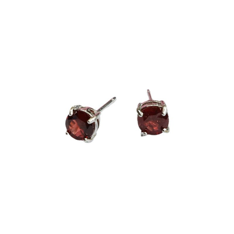 Burgundy Garnet Four-Prong 925 Silver Stud Earrings