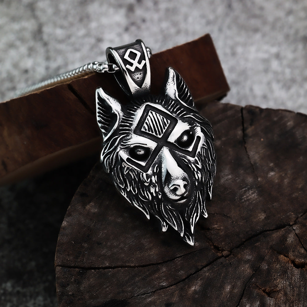 Vintage Viking Rune Wolf Head Stainless Steel Pendant Necklace