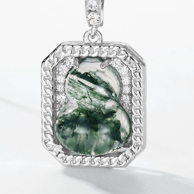 Planderful Jewelry Green Moss Agate Sterling Silver Gourd Pendant Necklace for Women