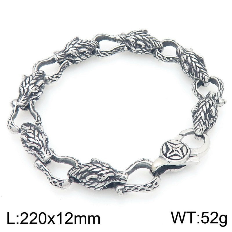 Nordic Viking Design Wolf – Antique Tail Biting Wolf Head Stainless Steel Men's Bracelet