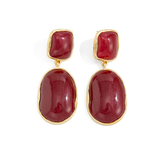 Planderful Vienna Verve Red Resin Gem Oval Stud Earrings For Women Geometric Retro Statement Jewelry