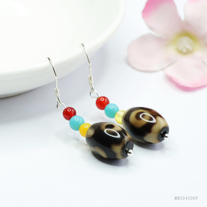 Three-Eye Dzi Agate Barrel Bead Hook Earrings