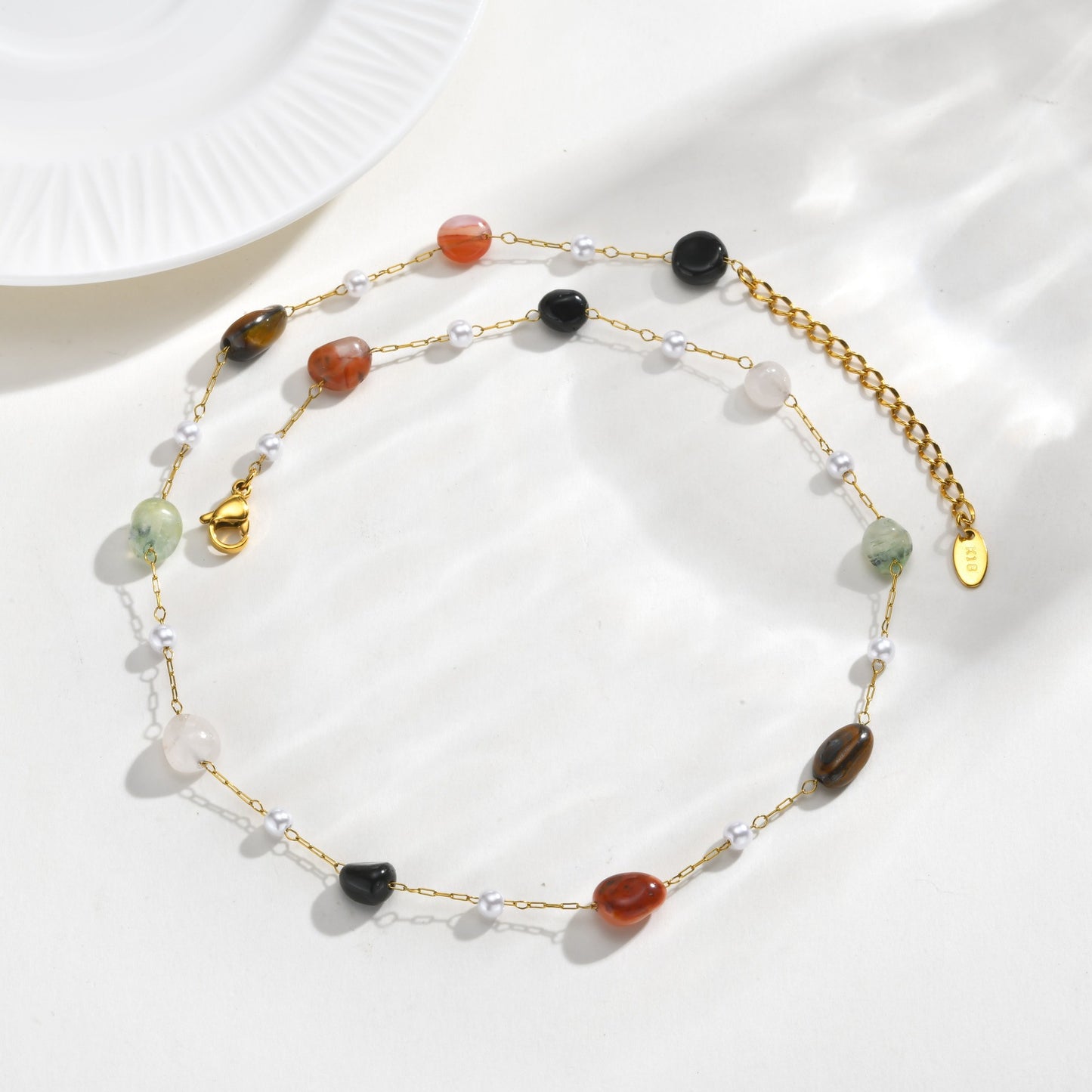 Stainless Steel Imitation Pearl Natural Stone Bead Spacer Elegant Collarbone Chain Necklace