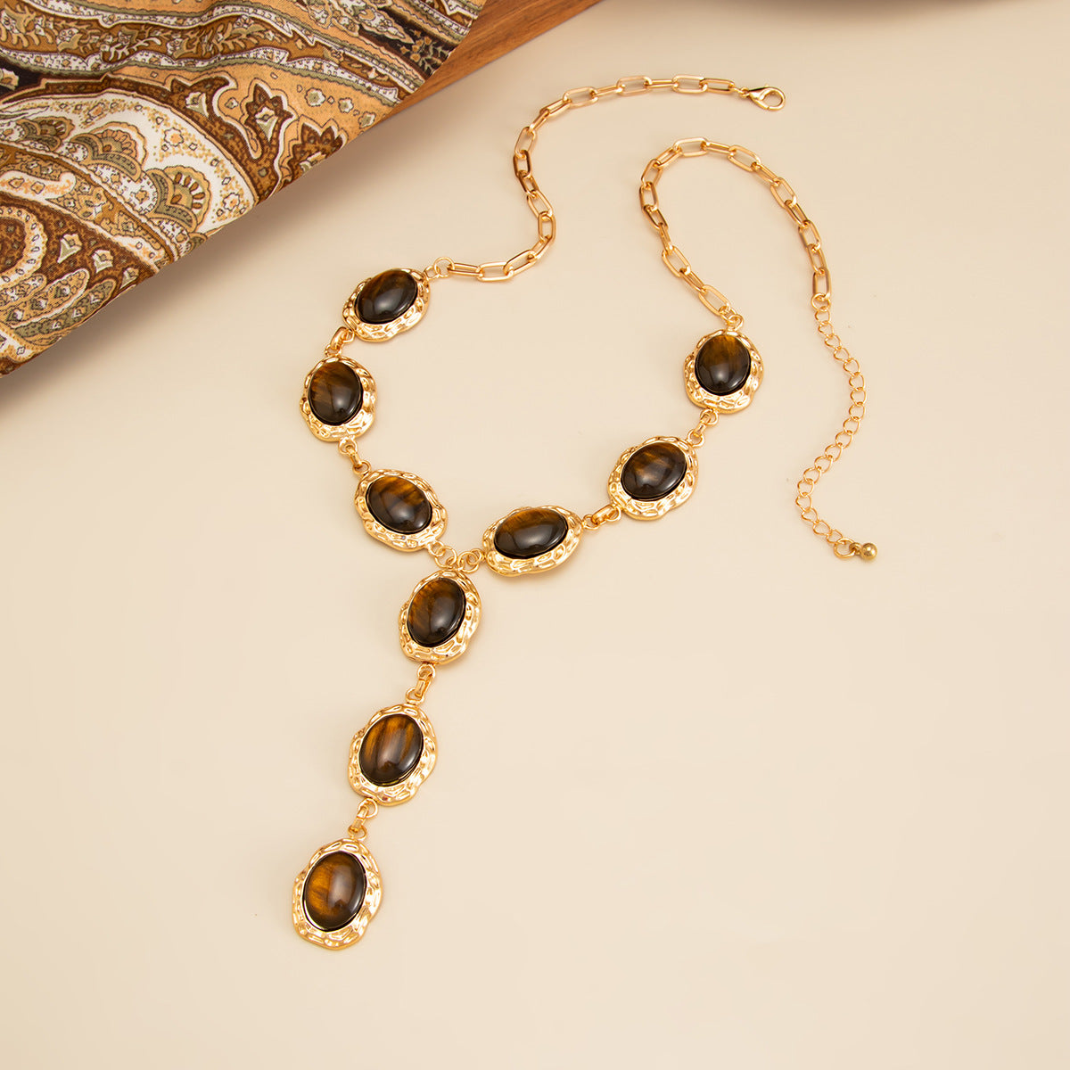 Tiger-Eye-Style Pleated Y-Necklace
