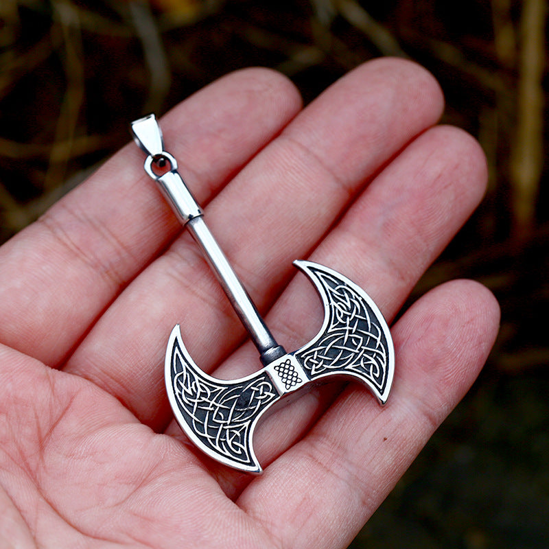 Titanium Steel Double-Sided Viking Axe Pendant with Celtic Knot Design for Men