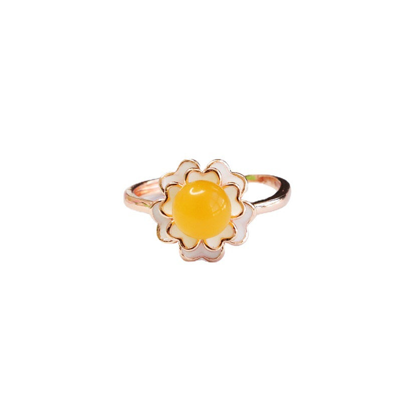 Amber Camellia Honey Wax Beaded Ring