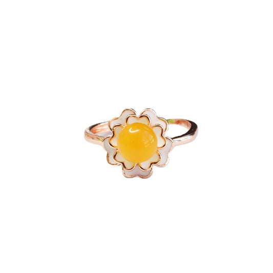 Amber Camellia Honey Wax Beaded Ring