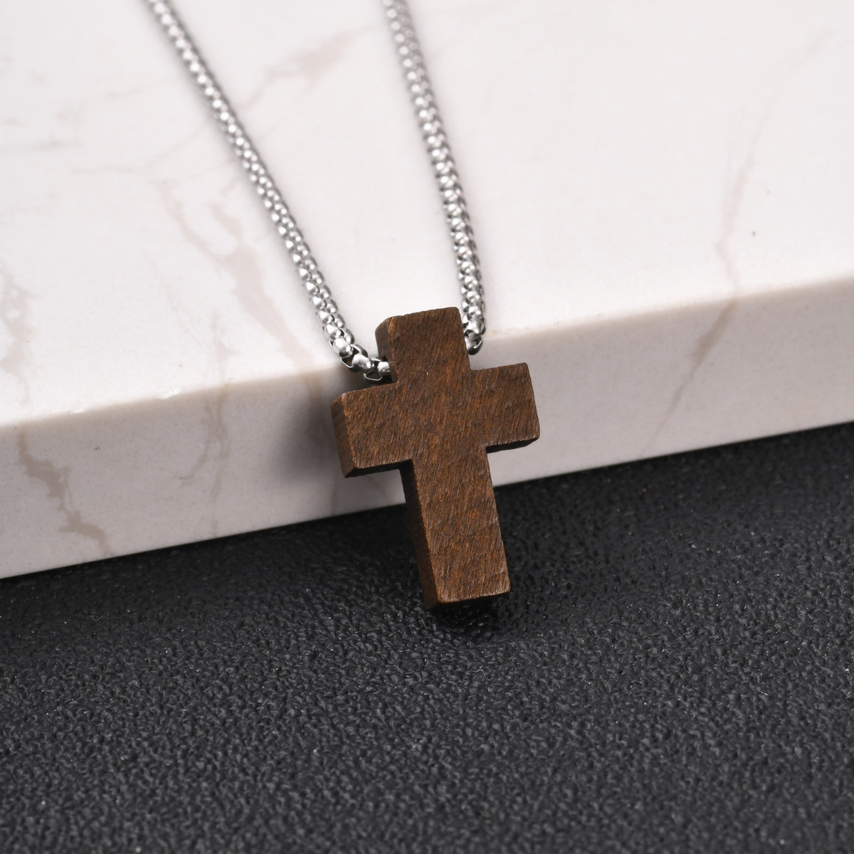 Stainless Steel Unisex Necklace Square Pearl Chain Wood Cross Necklace