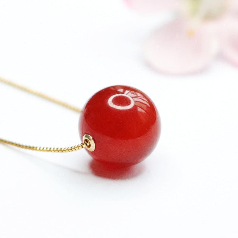 14 mm Red Agate Bead 18K Gold-Set Pendant — No Chain