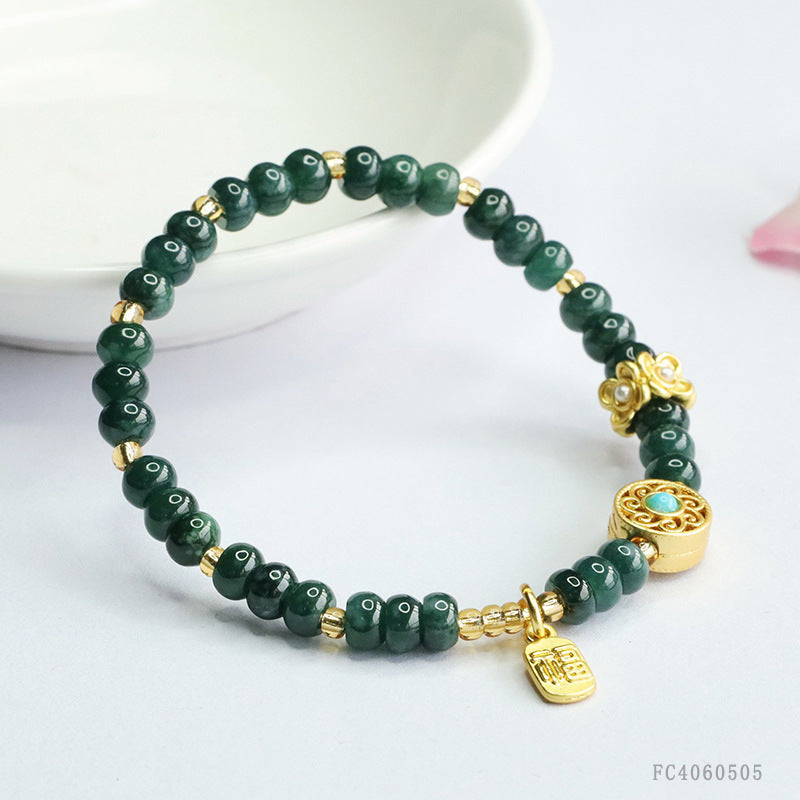 Blue Water Jadeite Abacus Bead & Fu Plaque Beaded Bracelet