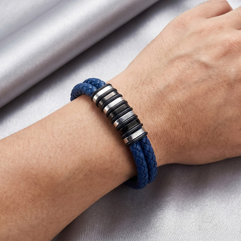Woven Leather Bracelet Black & White Bead Spacer Stainless Steel Magnetic Suction