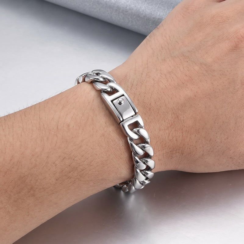Minimalist Polished Bracelet Glossy Cuban Chain Spring Snap Stainless Steel Men's Bracelet