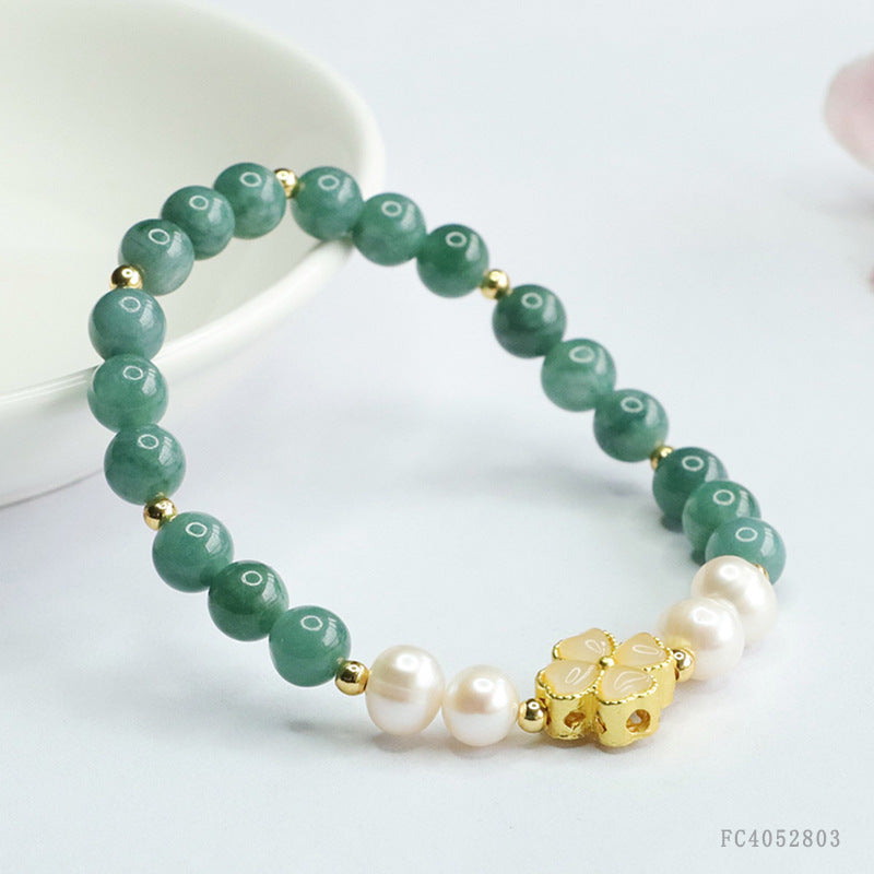 Blue Water Jadeite Four-Leaf Clover & Pearl Beaded Bracelet