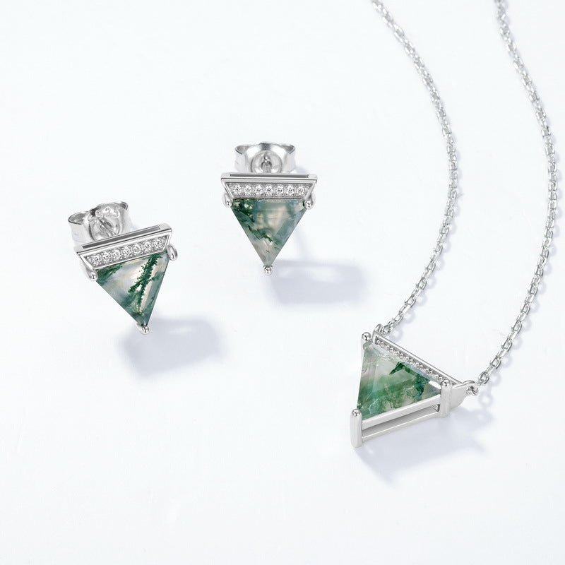 S925 Sterling Silver Moss Agate Geometric Pendant Necklace