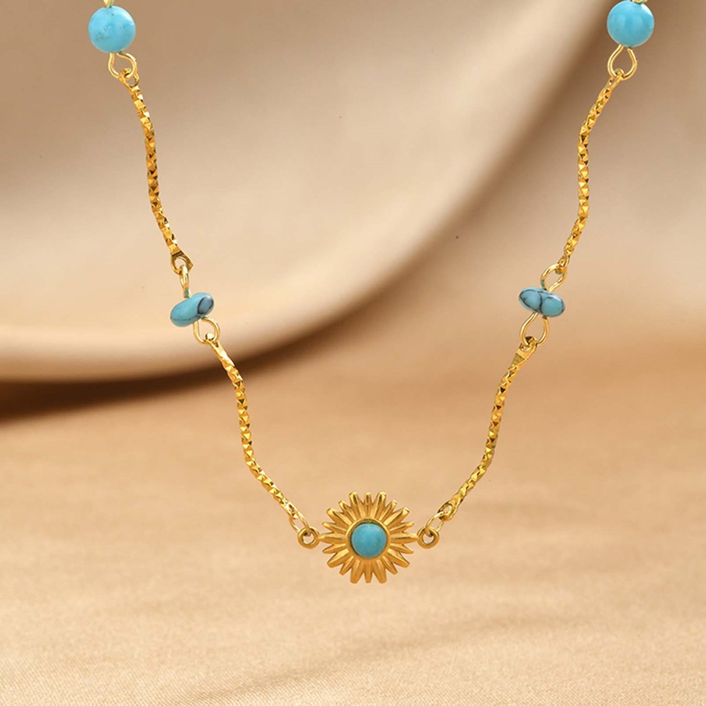 Stainless Steel Shell Turquoise Beads Stacked Women's Neck Chain Necklace