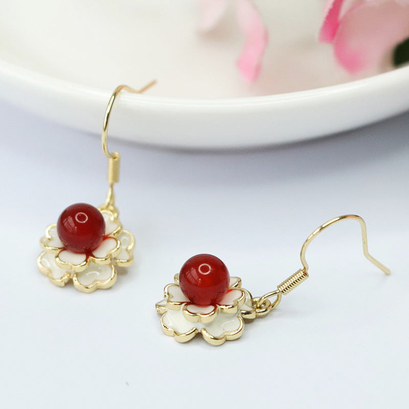 Pigeon Blood Red Agate Earrings with Camellia Flower Ear Hooks