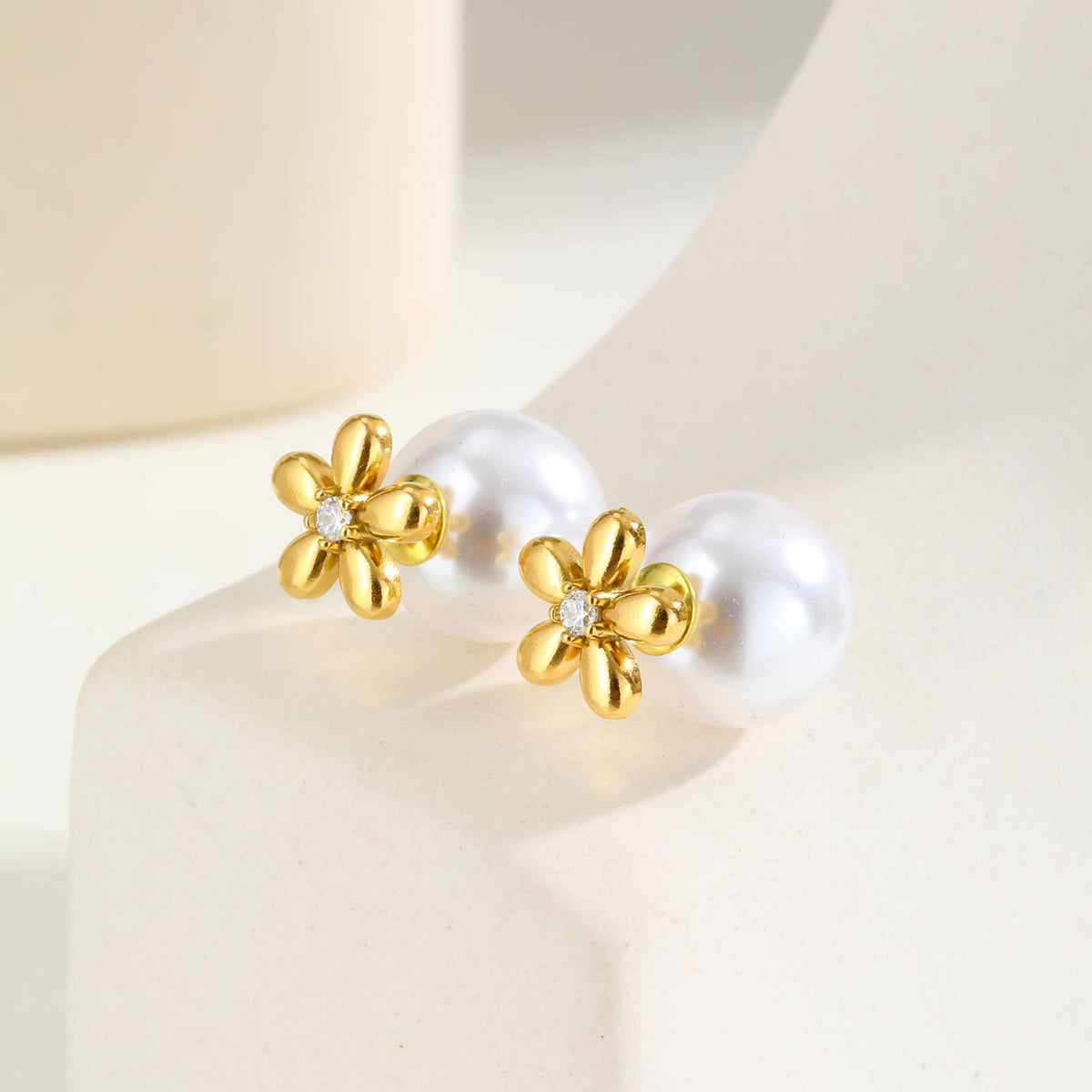 Stainless Steel Zircon Pearl Floral Earrings