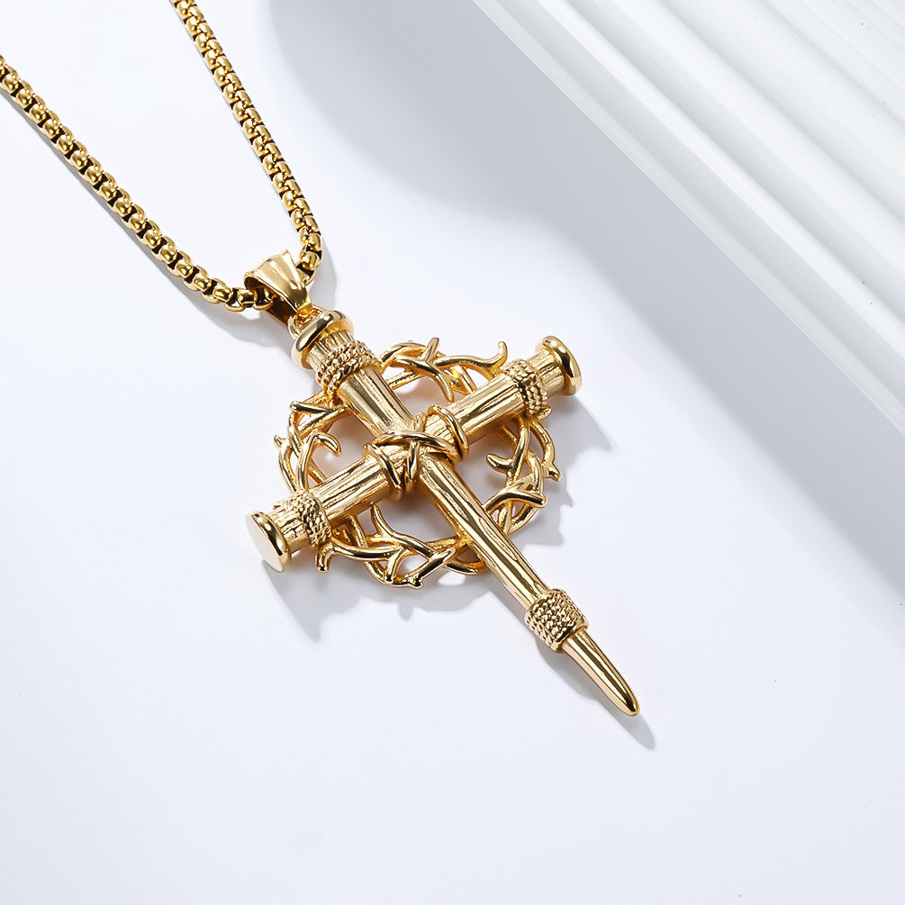 Steel Necklace – Statement Cross Pendant With Thorn Wreath Design For Hipster Street Style