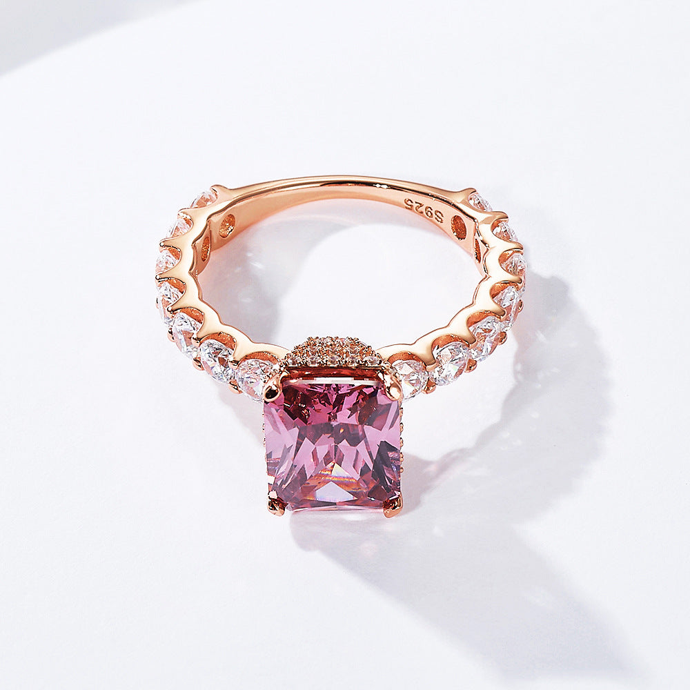 925 Sterling Silver Full Zircon Plated Rose Gold Ring Square Zircon Ring